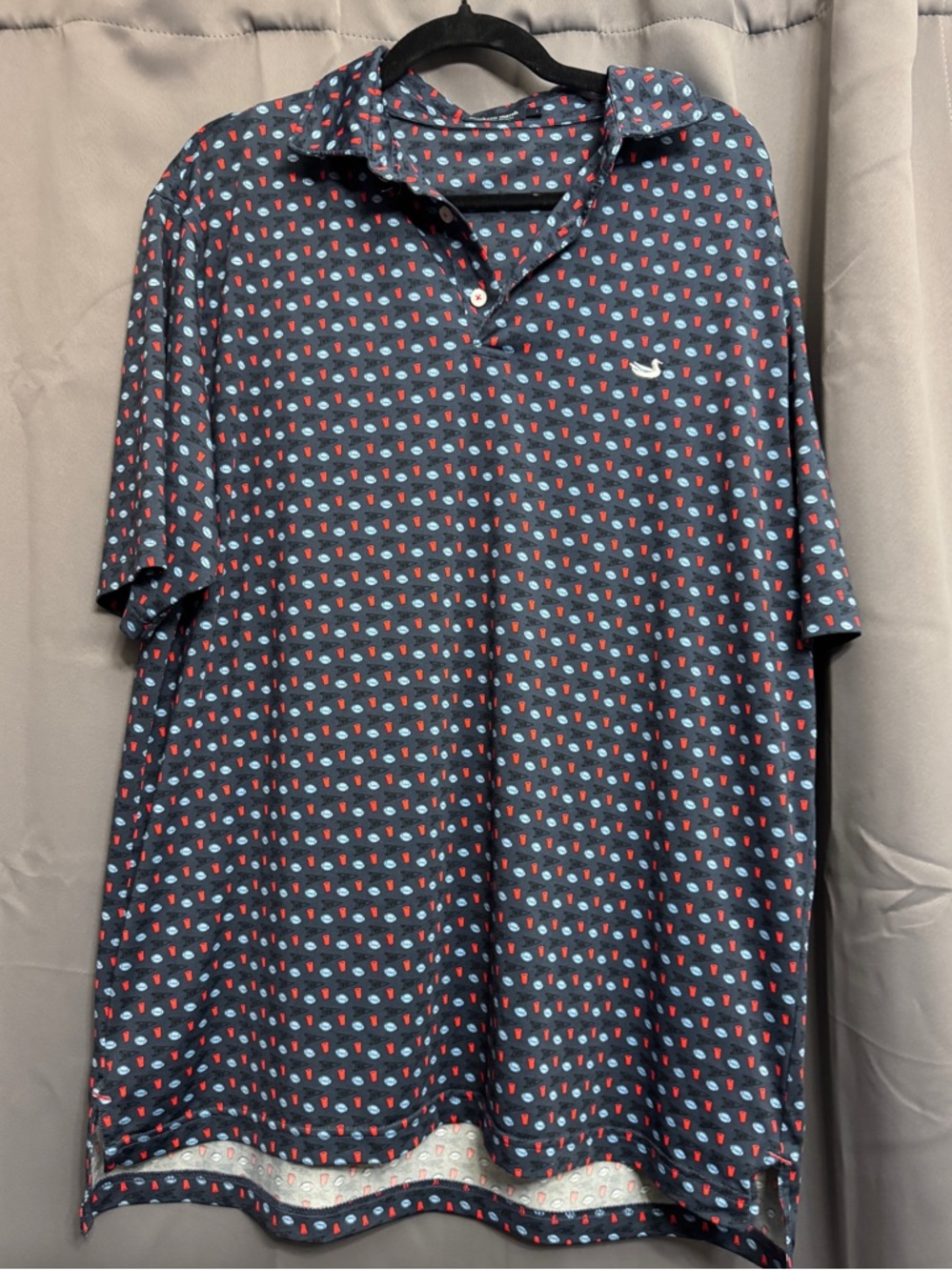 Southern Marsh Navy Polo with Red and Light Blue Print